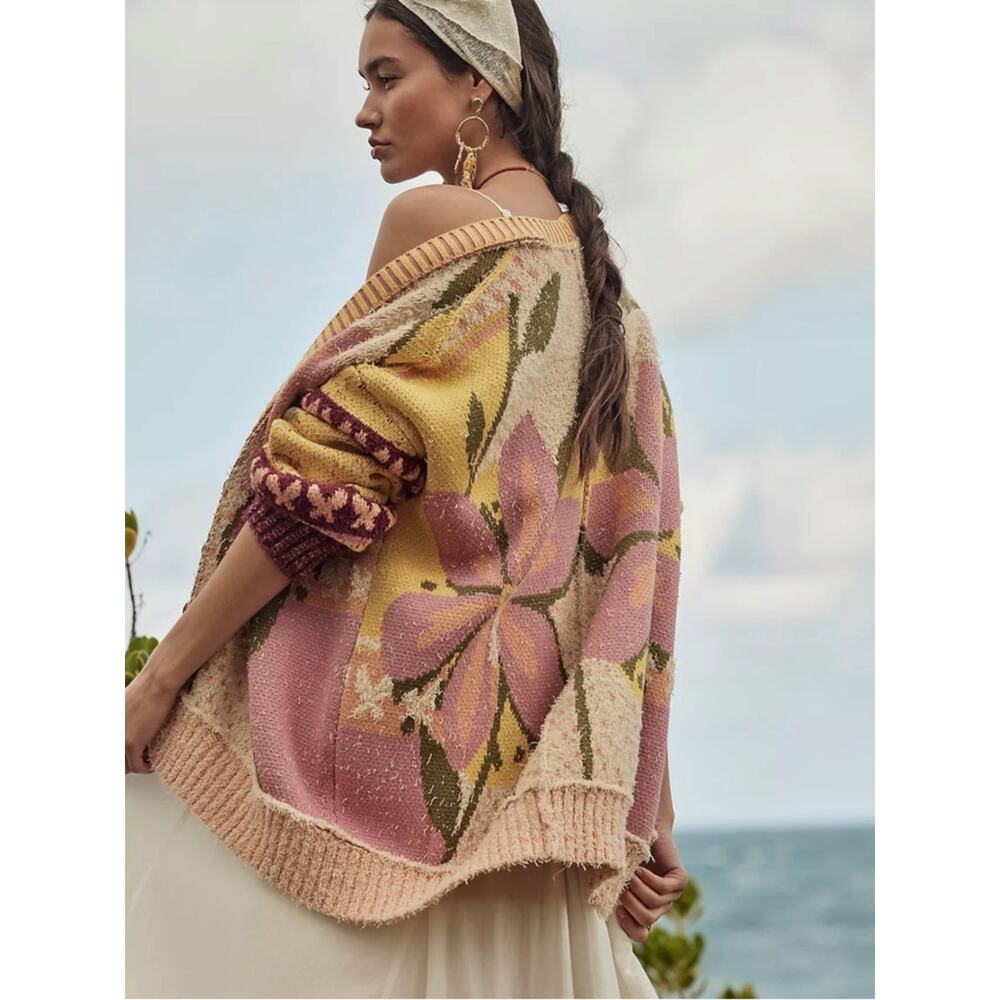 Free People Oversized Bohemian Bali Tropical Garden Cardi Cardigan Sweater Large